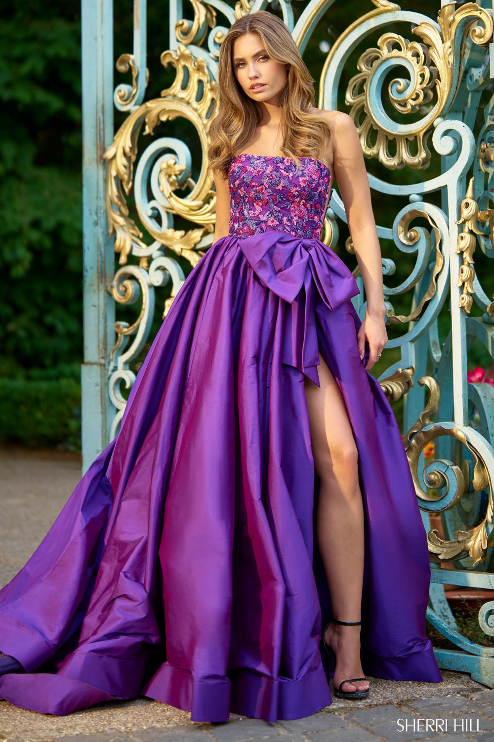 Sherri Hill 67020 prom dress images. Sherri Hill 67020 is available in these colors: Emerald Multi, Purple Fuchsia.