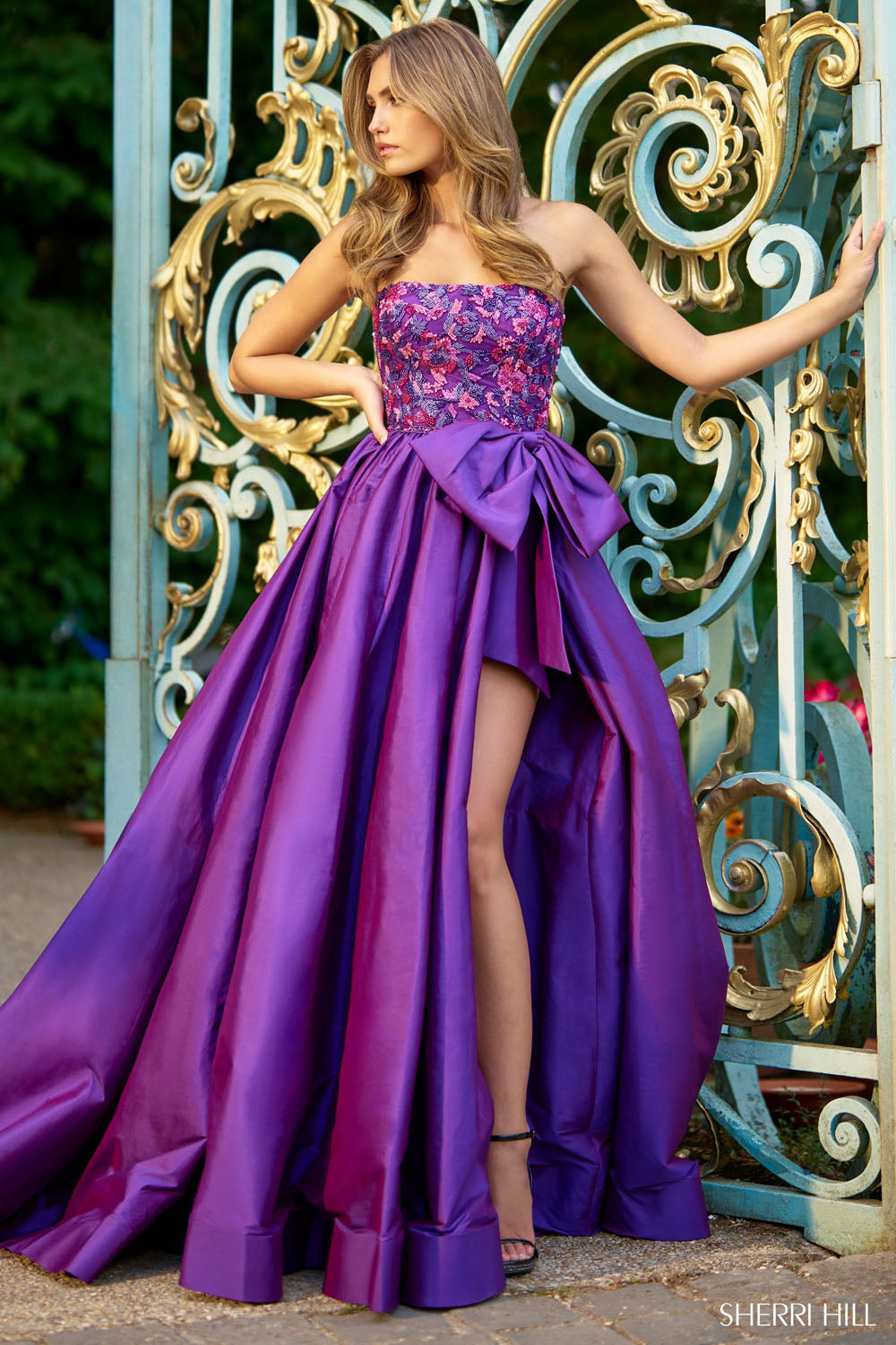 Sherri Hill 67020 prom dress images. Sherri Hill 67020 is available in these colors: Emerald Multi, Purple Fuchsia.