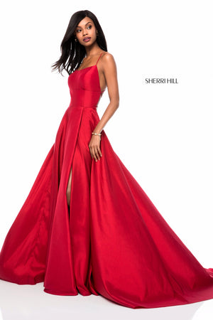 Sherri Hill 52022 prom dress images.  Sherri Hill 52022 is available in these colors: Black, Navy, Red, Emerald, Wine, Yellow, Blush, Bright Pink, Light Blue, Royal.