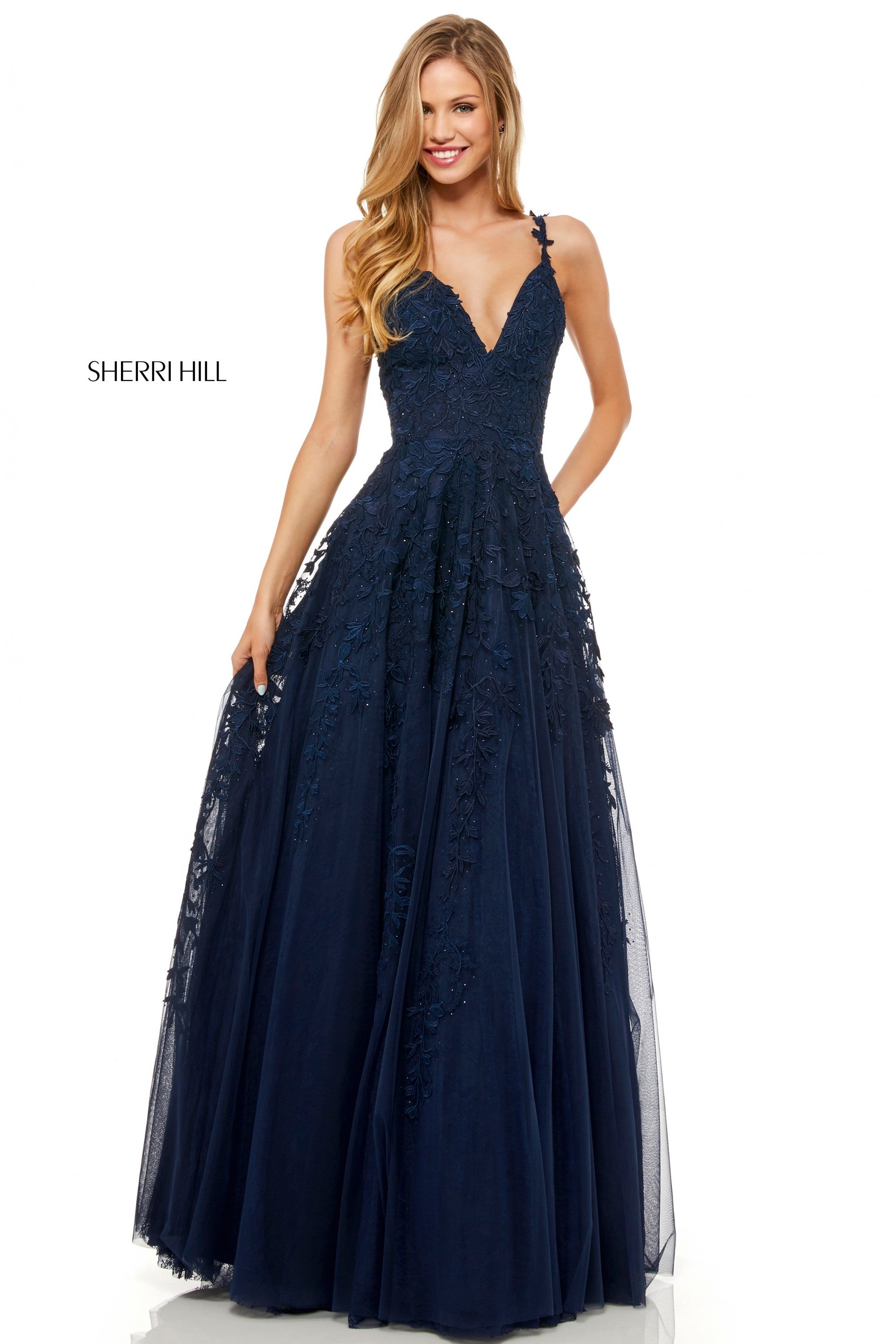 Sherri Hill 52342 prom dress images. Sherri Hill 52342 is available in these colors: Black; Ivory; Navy; Wine; Red; Light Blue; Blush; Yellow.
