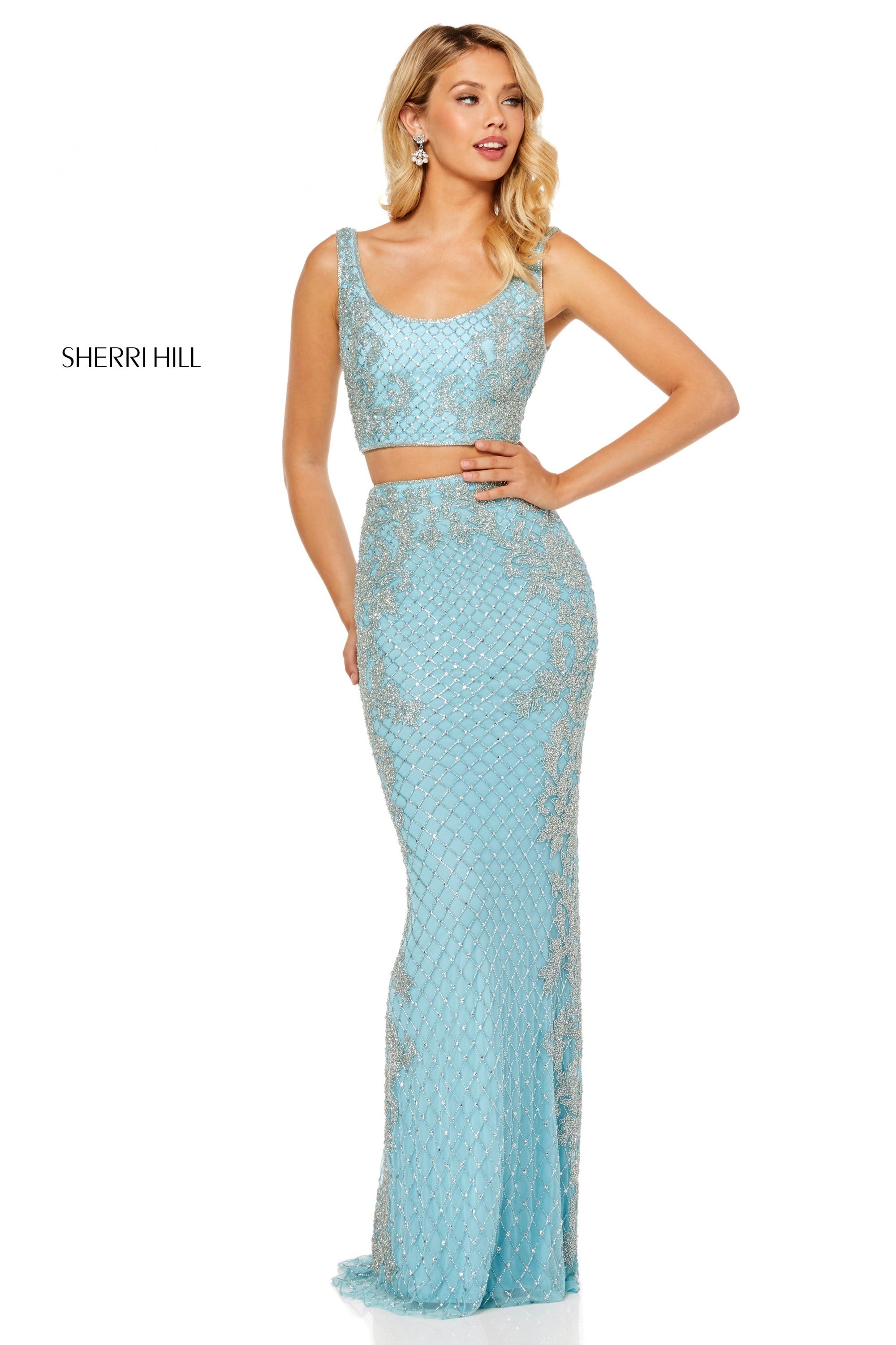 Sherri Hill 52686 prom dress images. Sherri Hill 52686 is available in these colors: Light Blue; Burgundy; Ivory; Periwinkle; Black.
