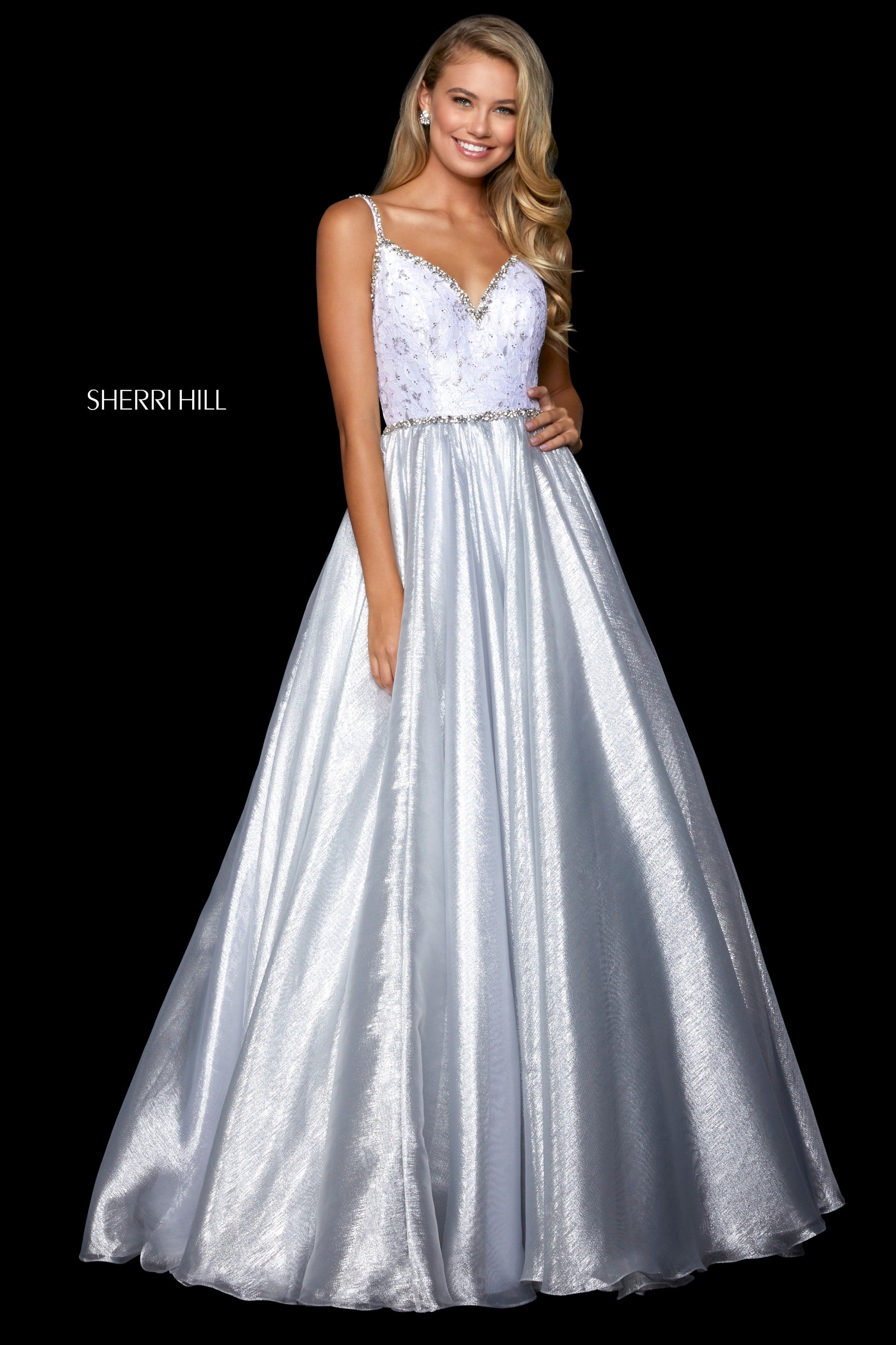 Sherri Hill 52994 prom dress images. Sherri Hill 52994 is available in these colors: Silver; Red; Black.