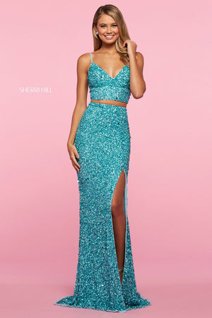 Sherri Hill 53448 prom dress images.  Sherri Hill 53448 is available in these colors: Emerald, Red, Silver, Teal, Pink, Gunmetal, Light Blue, Gold, Lilac, Burgundy, Yellow, Coral.