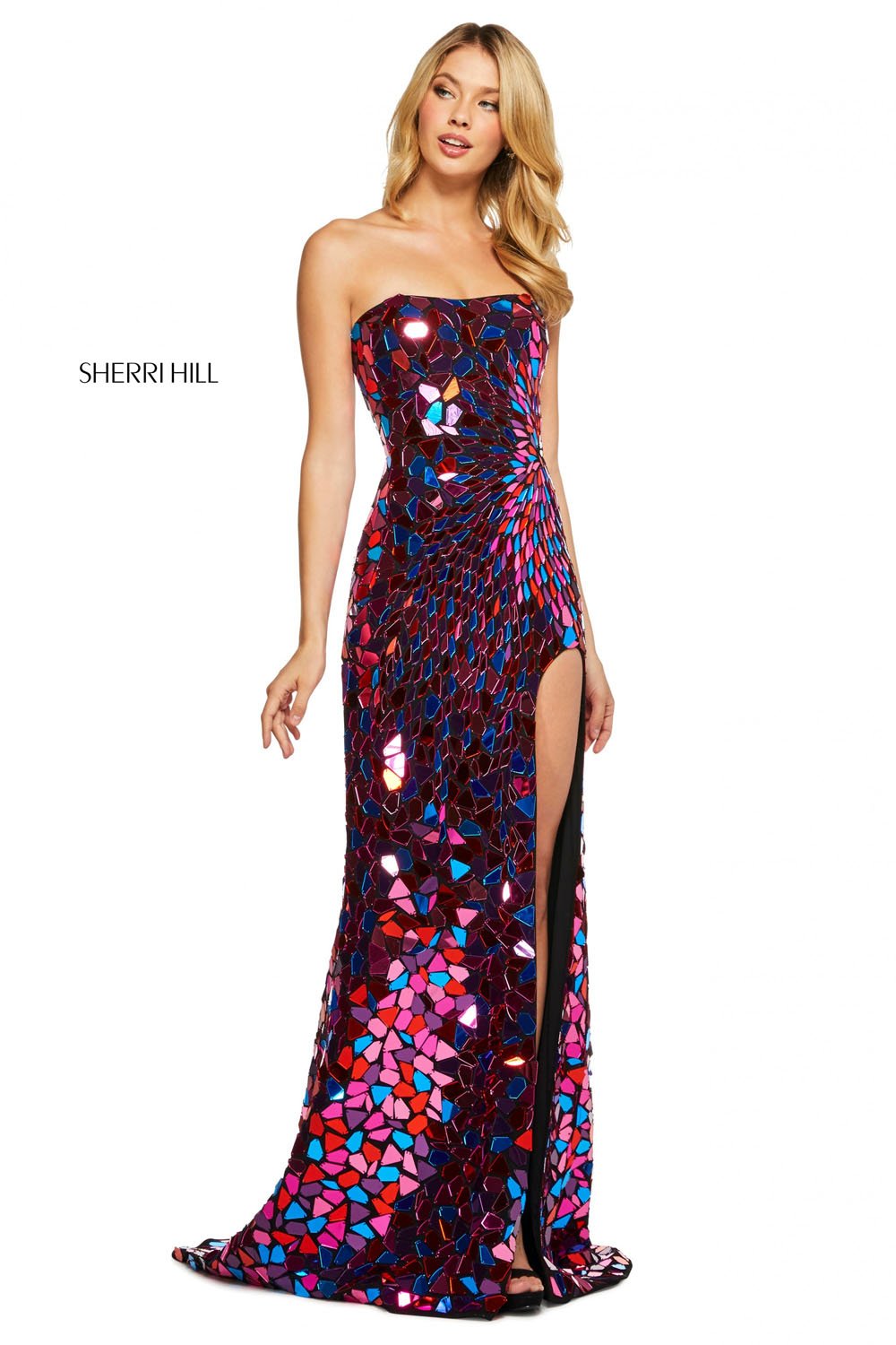 Sherri Hill 53474 prom dress images. Sherri Hill 53474 is available in these colors: Black Multi, Black Gold, Black Silver, Silver, Pink.
