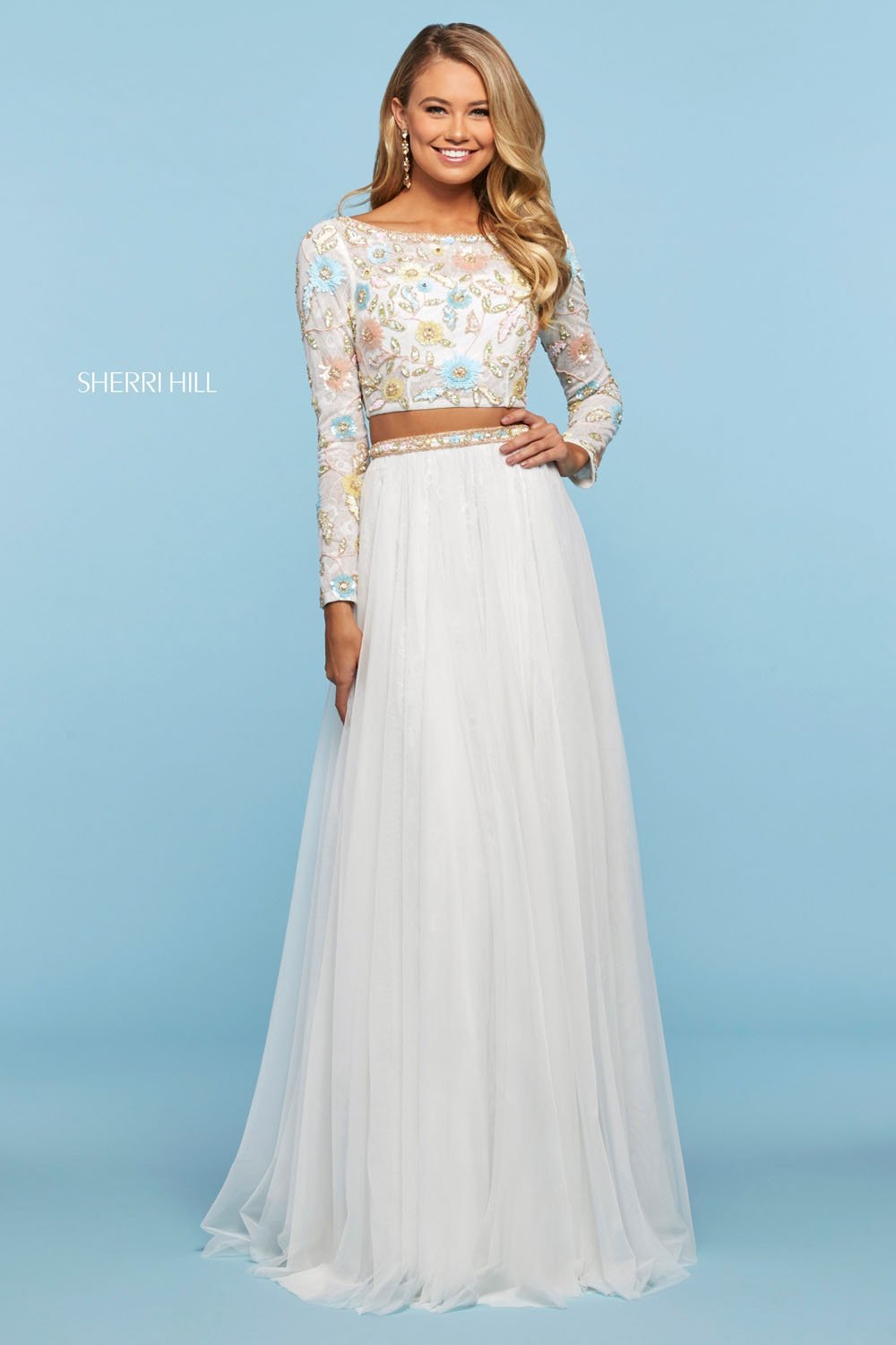 sherri hill blue and white prom dress 53553 | Formal Approach teens adorned with sequin embellishments Rainbow Wedding Dress Black Name/Description:Alyson Deposit - Crepe Gown w Tank Straps