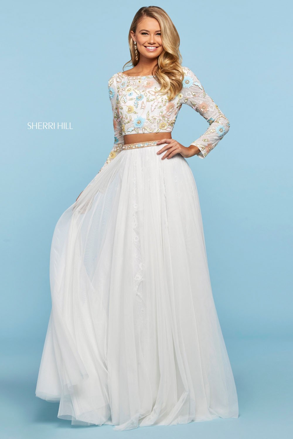 Sherri Hill 53553 prom dress images. Sherri Hill 53553 is available in these colors: Nude Multi, Light Blue Multi, Light Yellow Multi, Lilac Multi, Ivory Multi.
