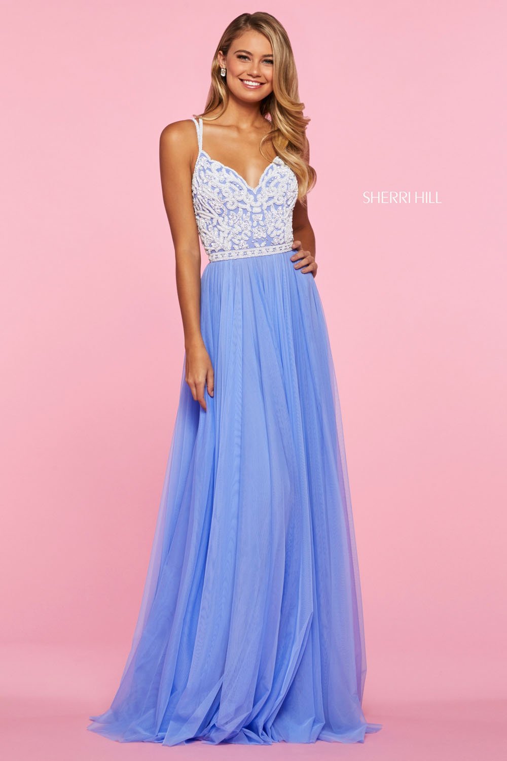 Sherri Hill 53556 prom dress images. Sherri Hill 53556 is available in these colors: Periwinkle Ivory, Yellow Ivory, Coral, Ivory, Yellow, Nude Aqua, Coral Ivory.