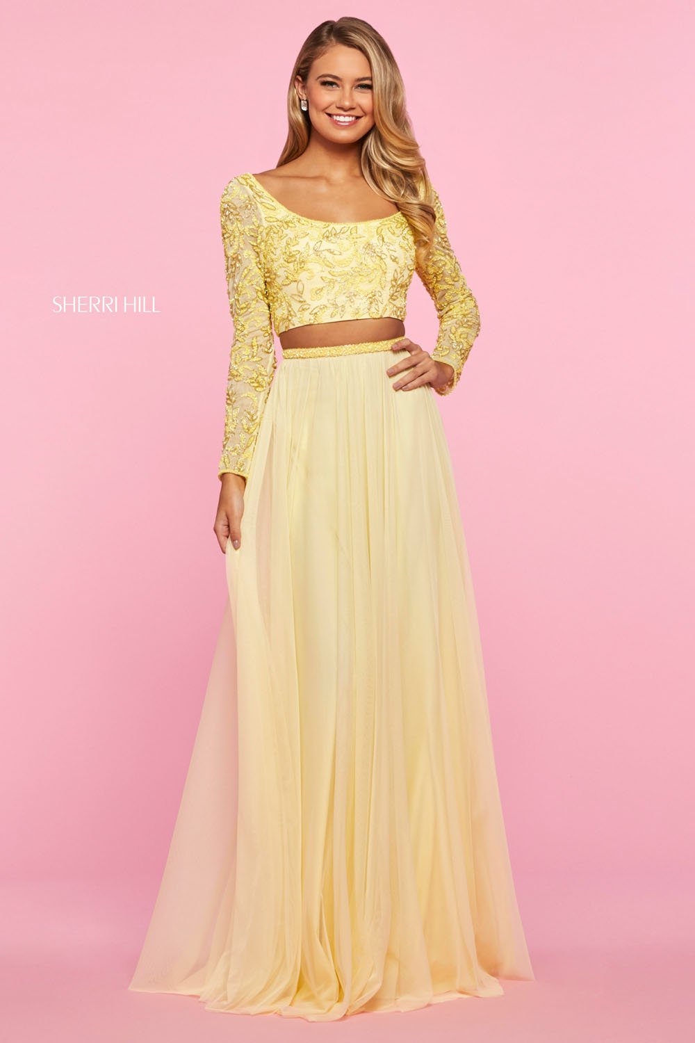 Sherri Hill 53559 prom dress images. Sherri Hill 53559 is available in these colors: Nude Ivory, Light Blue, Yellow, Blush.