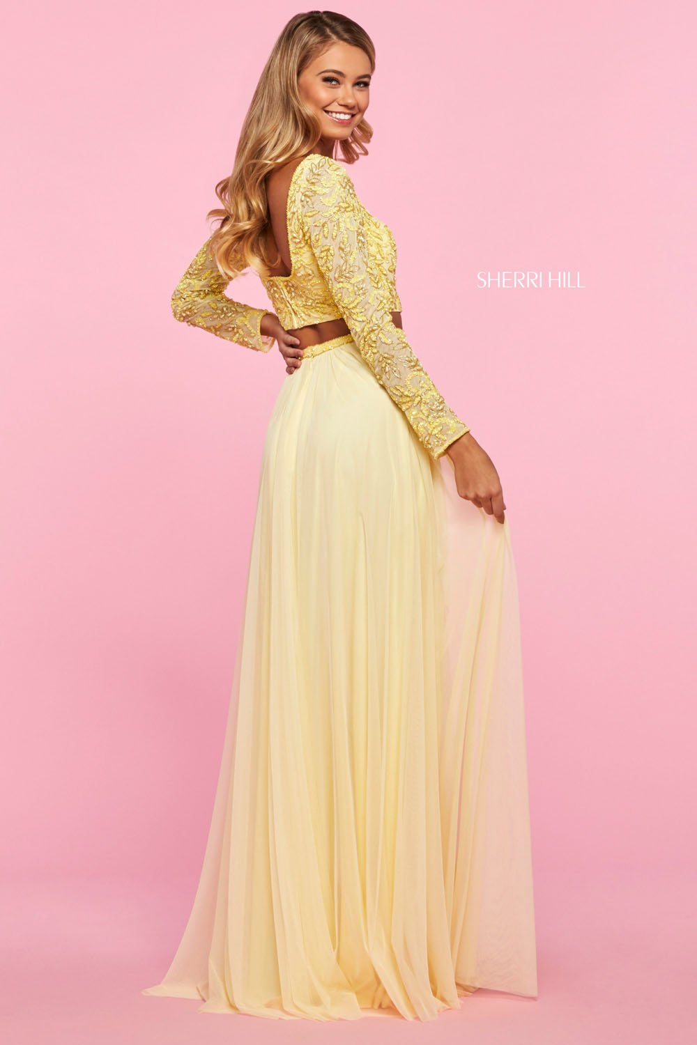 Sherri Hill 53559 prom dress images. Sherri Hill 53559 is available in these colors: Nude Ivory, Light Blue, Yellow, Blush.