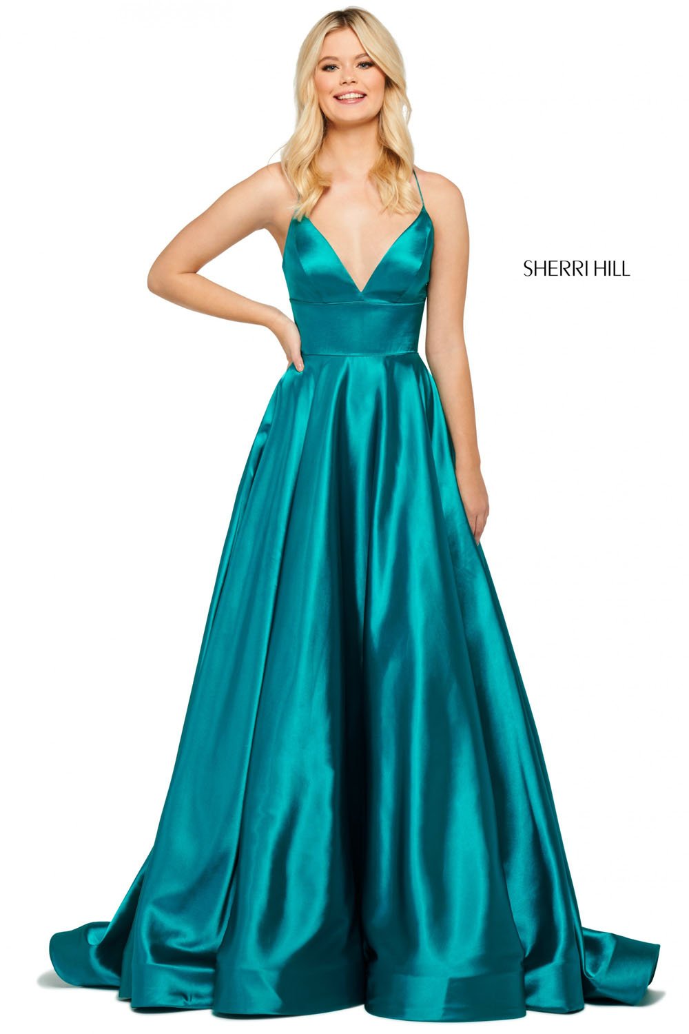 Sherri Hill 53885 prom dress images. Sherri Hill 53885 is available in these colors: Black, Bright Pink, Ivory, Teal, Coral, Emerald, Lilac, Yellow, Red, Mocha, Gunmetal, Royal.
