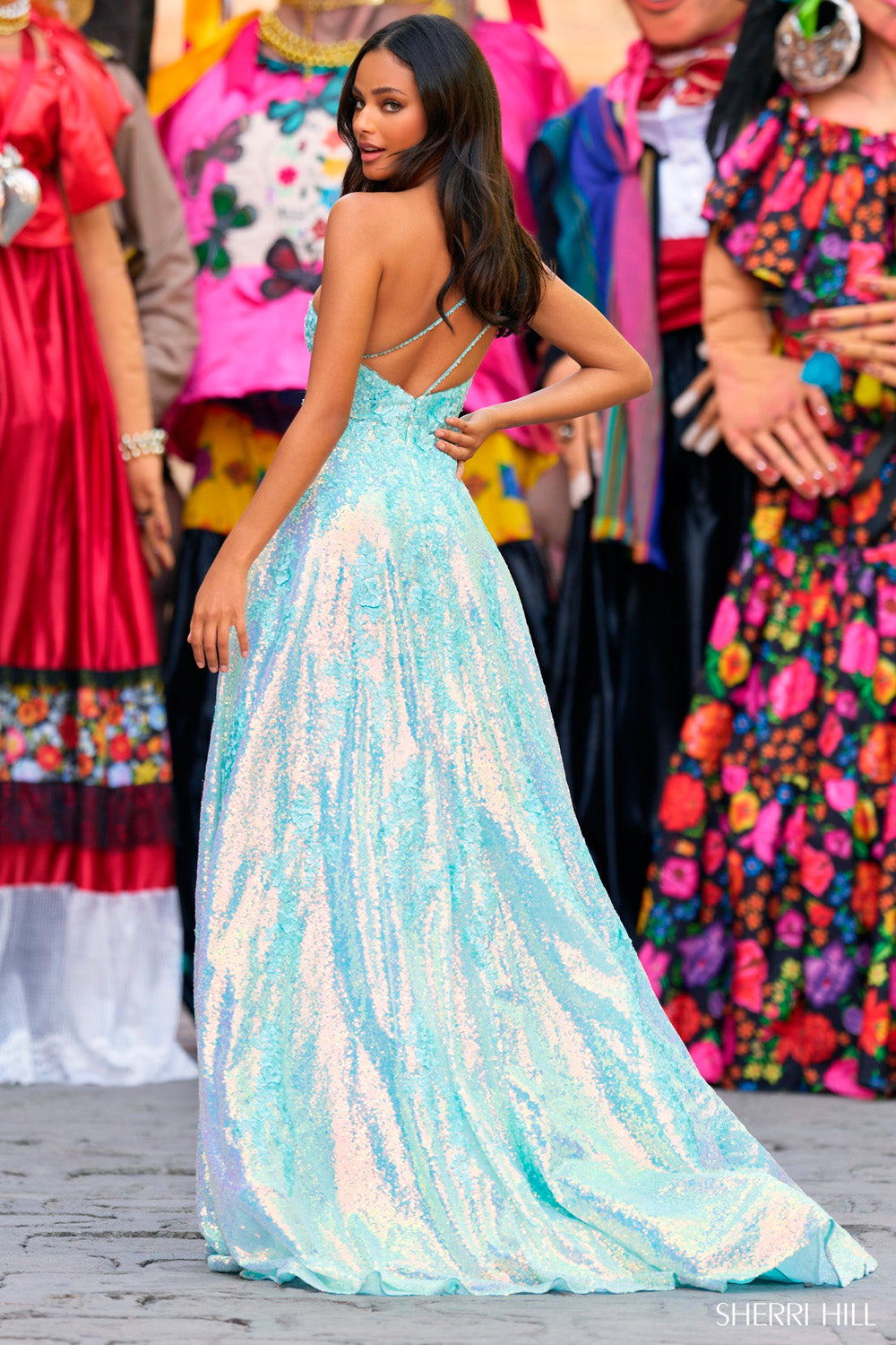 Sherri Hill 55342 prom dress images. Sherri Hill 55342 is available in these colors: Ivory, Lilac, Light Blue, Aqua, Blush.