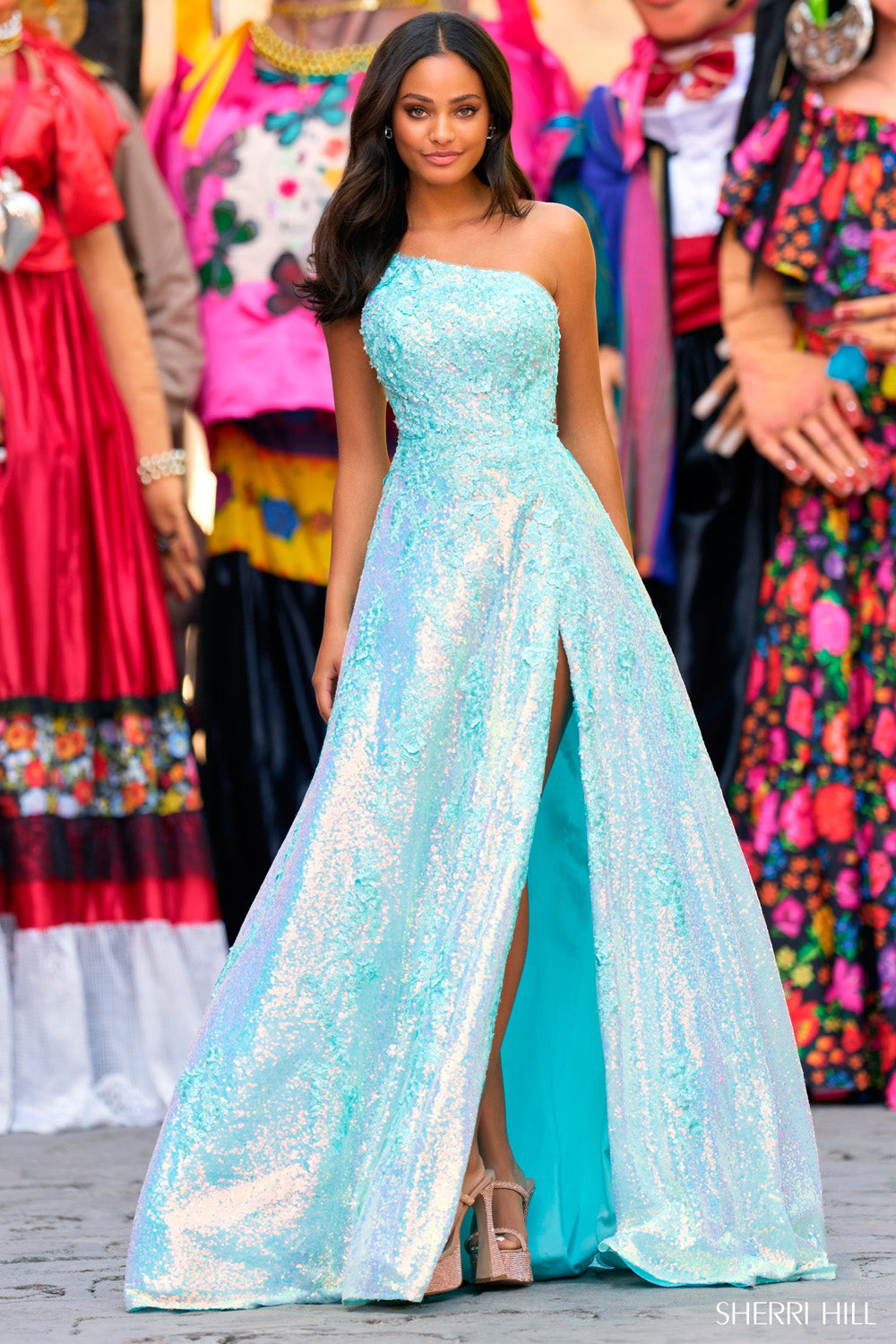 Sherri Hill 55342 prom dress images. Sherri Hill 55342 is available in these colors: Ivory, Lilac, Light Blue, Aqua, Blush.