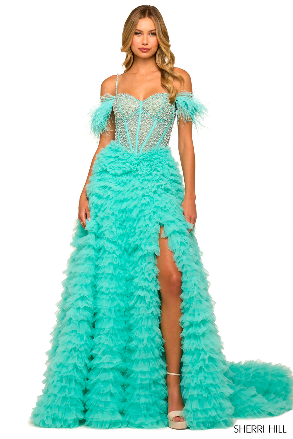 Sherri Hill 55387 prom dress images. Sherri Hill 55387 is available in these colors: Black, Candy Pink, Light Blue, Red, Ivory, Aqua, Lilac.