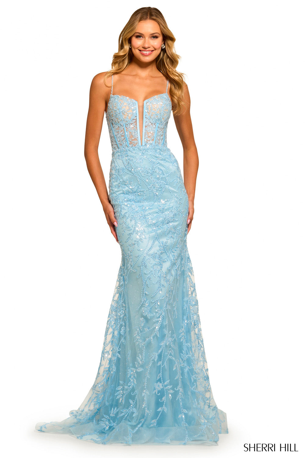 Sherri Hill 55526 prom dress images. Sherri Hill 55526 is available in these colors: Red, Pink, Ivory, Light Blue.