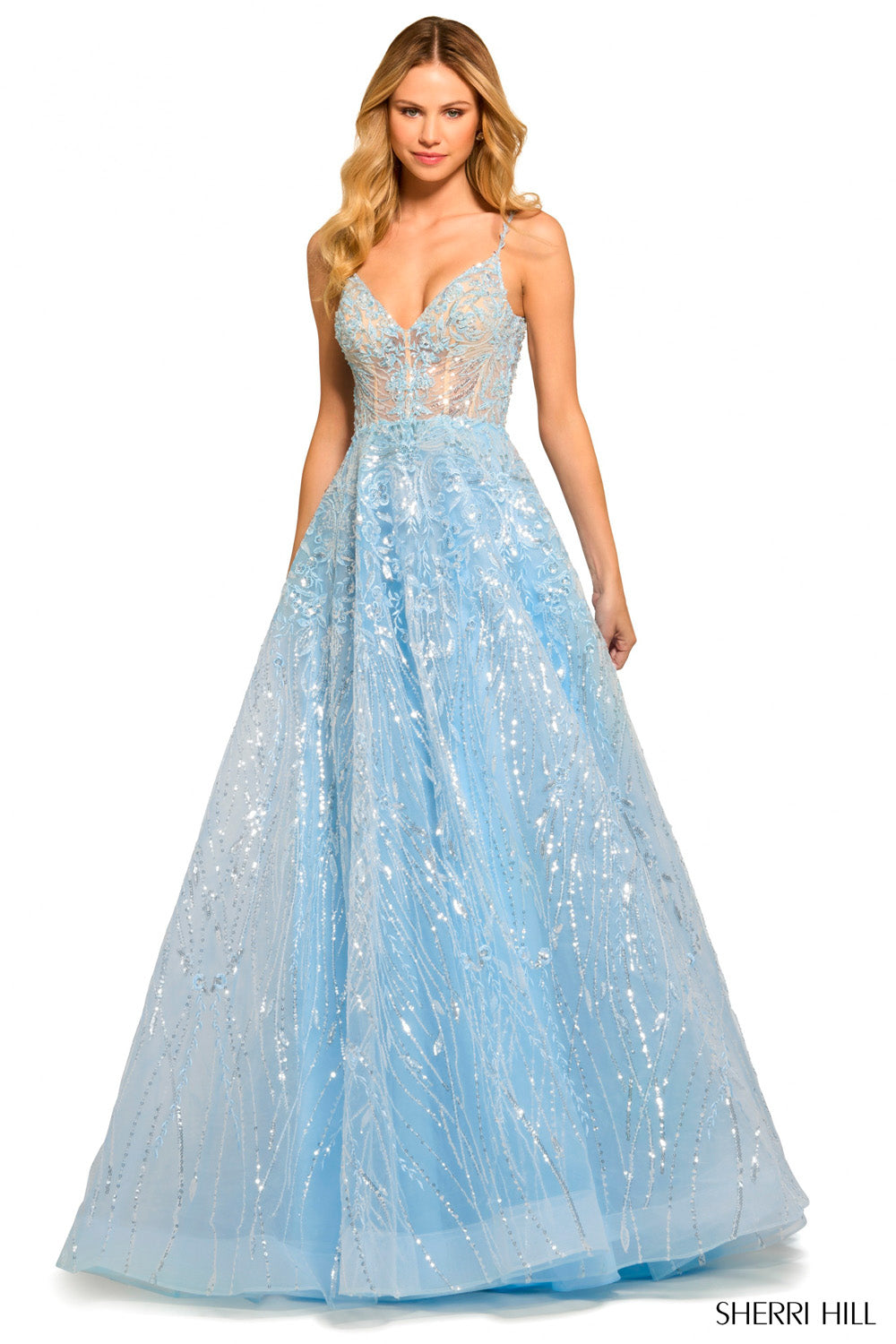 Sherri Hill 55532 prom dress images. Sherri Hill 55532 is available in these colors: Light Blue, Blush, Ivory, Black.