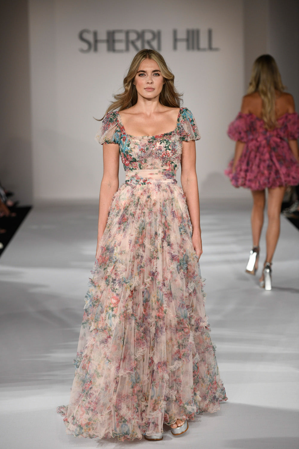 Sherri Hill 55560 prom dress images. Sherri Hill 55560 is available in these colors: Ivory Print, Light Blue Print, Blush Print.