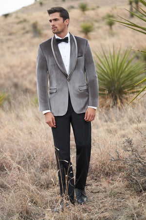 Silver Grey Venice Velvet Tuxedo is an Ultra Slim tailored fit with a single button shawl lapel and double vents