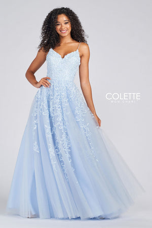 Colette CL12208 prom dress images.  Colette CL12208 is available in these colors: Platinum, Sky Blue, Baby Pink.