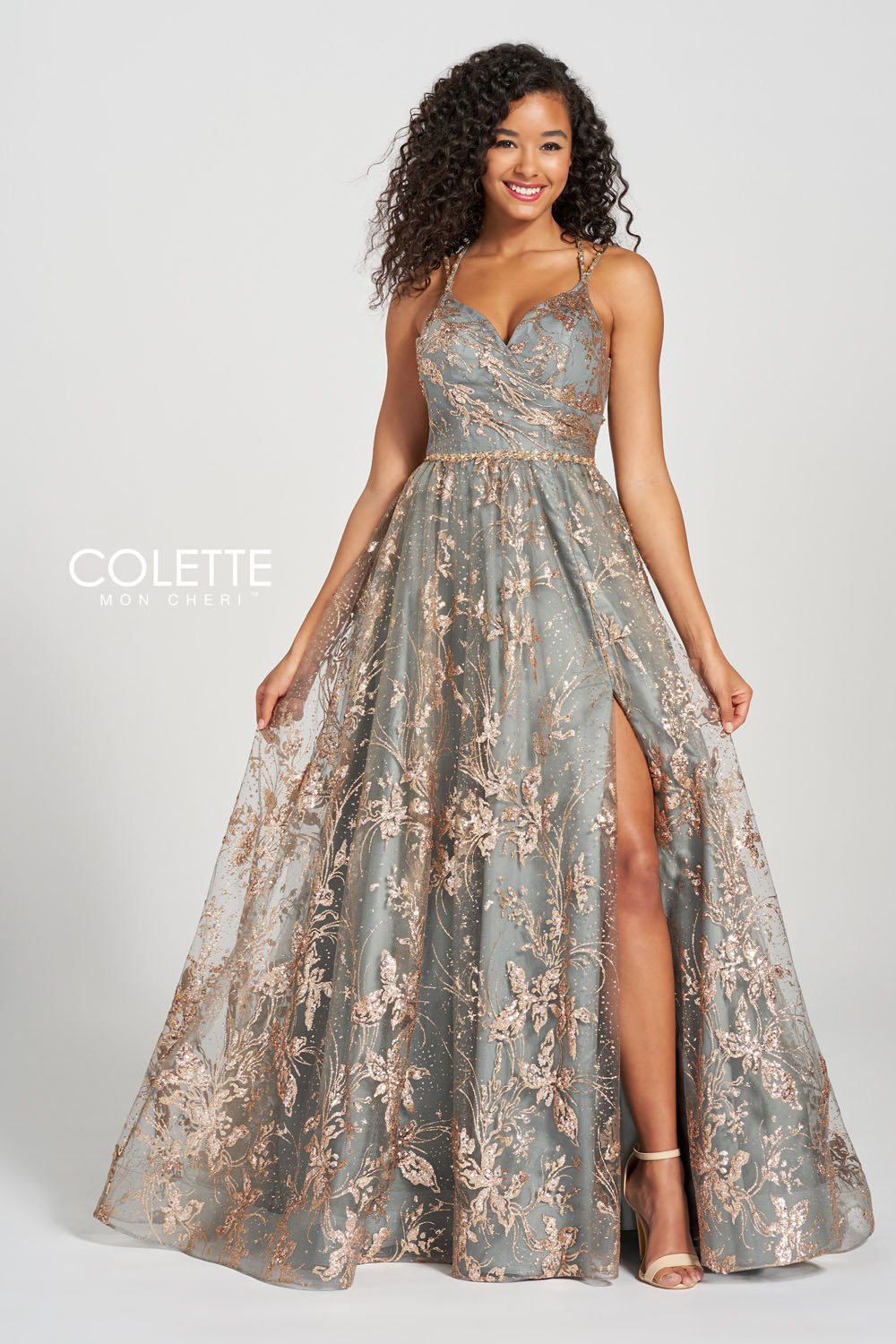 Colette CL12218 prom dress images. Colette CL12218 is available in these colors: Gold Pewter.