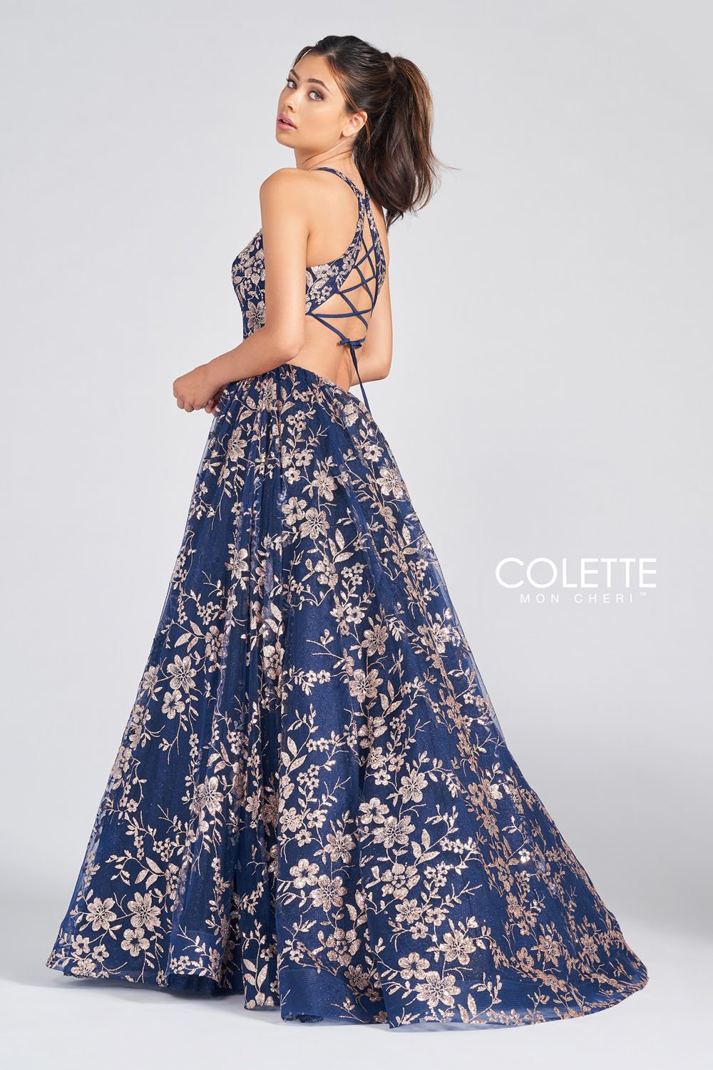 Colette CL12223 prom dress images. Colette CL12223 is available in these colors: Bubblegum, Navy Blue Gold, Vintage Yellow.