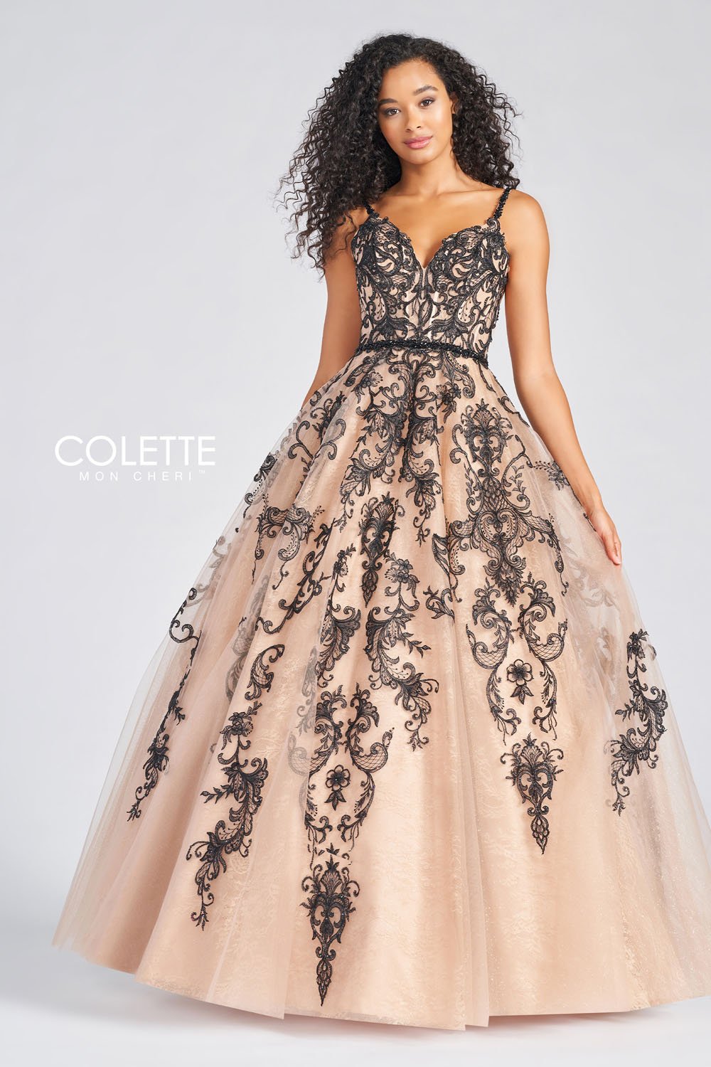 Colette CL12224 prom dress images. Colette CL12224 is available in these colors: Black Champagne, Platinum Dusty Blue.