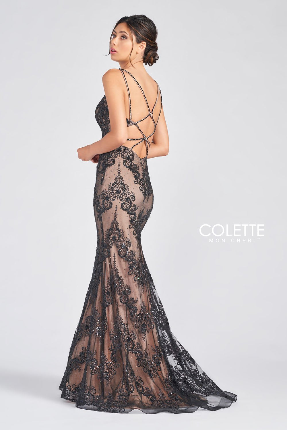 Colette CL12245 prom dress images. Colette CL12245 is available in these colors: Black Nude, Rose Nude, Light Blue Nude.