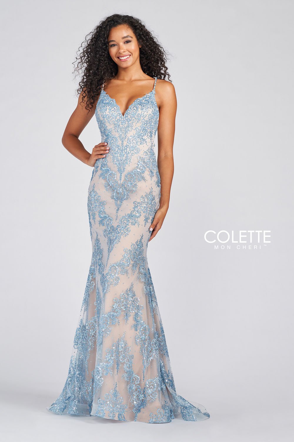 Colette CL12245 prom dress images. Colette CL12245 is available in these colors: Black Nude, Rose Nude, Light Blue Nude.