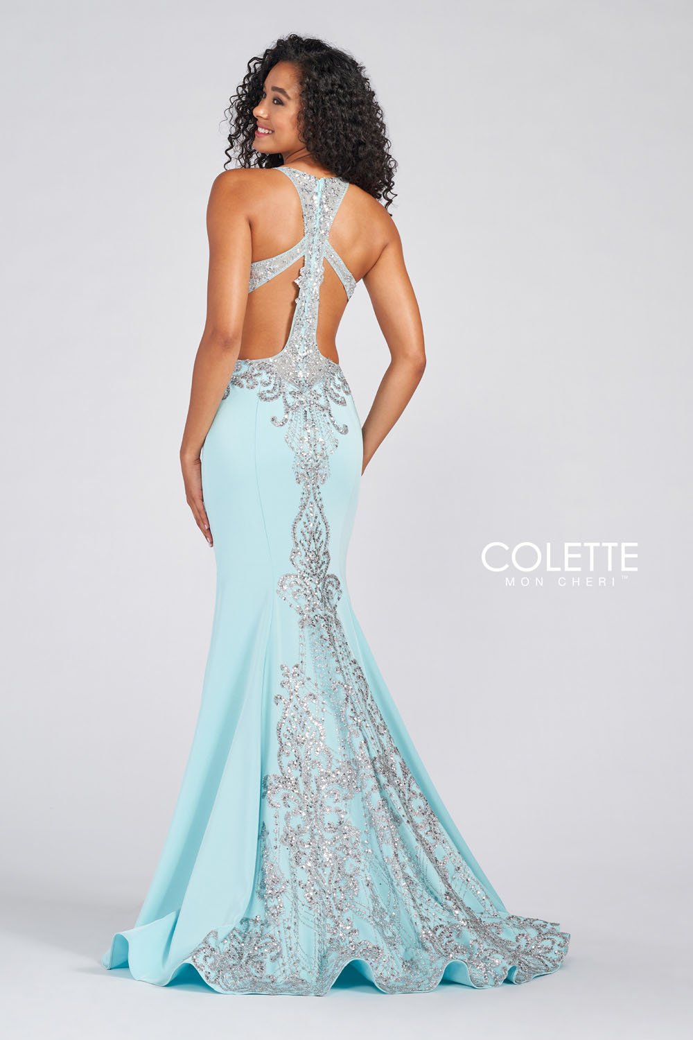 Colette CL12247 prom dress images. Colette CL12247 is available in these colors: Black, Aqua Silver.