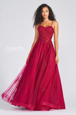 Colette CL12248 prom dress images.  Colette CL12248 is available in these colors: Crimson, Black Nude.