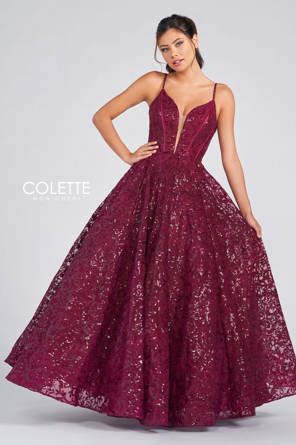 Colette CL12264 prom dress images. Colette CL12264 is available in these colors: Forest Green, Plum, Cabernet.