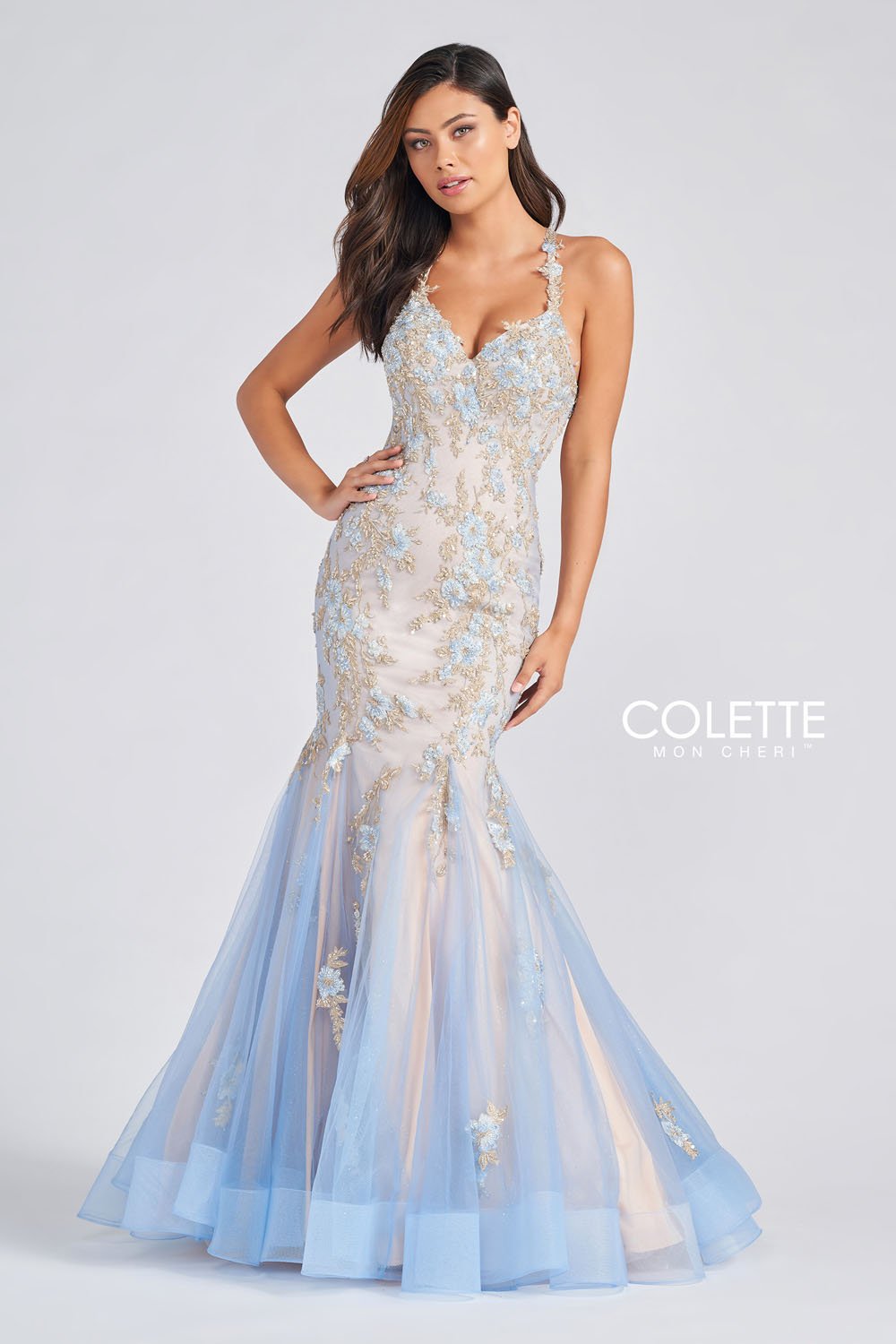 Colette CL12268 prom dress images. Colette CL12268 is available in these colors: Vintage Blue.