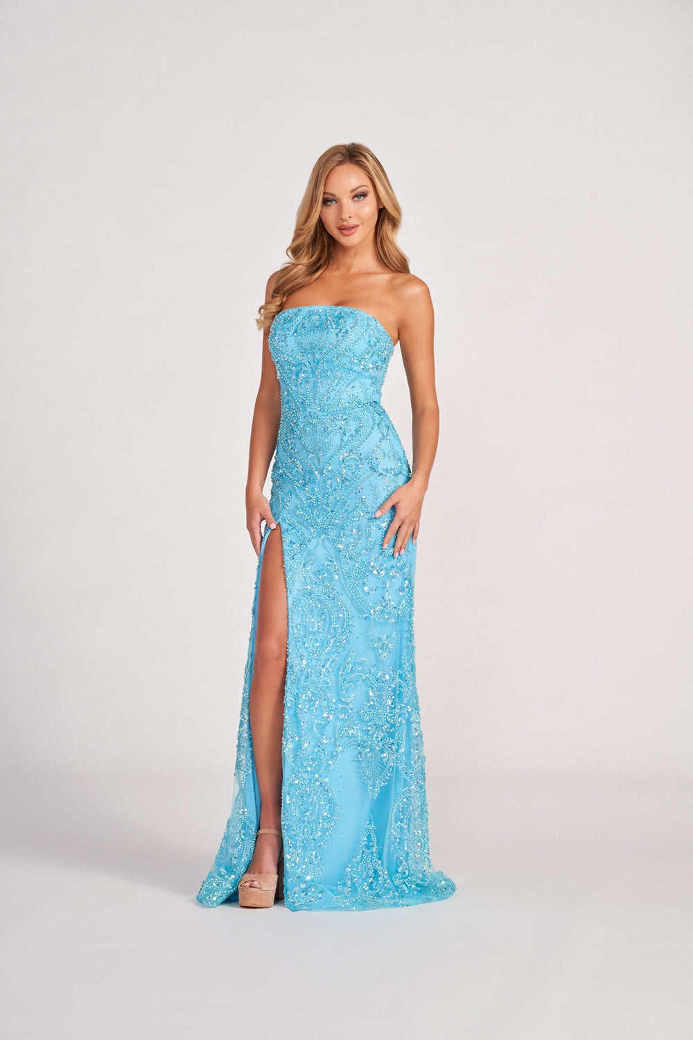 Colette CL2046 prom dress images. Colette CL2046 is available in these colors: Turquoise, Rose Gold.