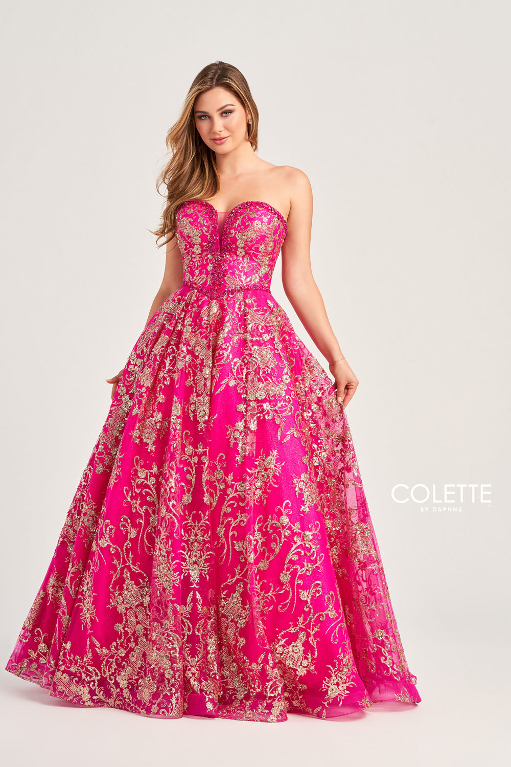 Colette CL5101 prom dress images. Colette CL5101 is available in these colors: Navy Gold, Gold Pewter, Gold White, Fuchsia Gold, Turquoise Gold.
