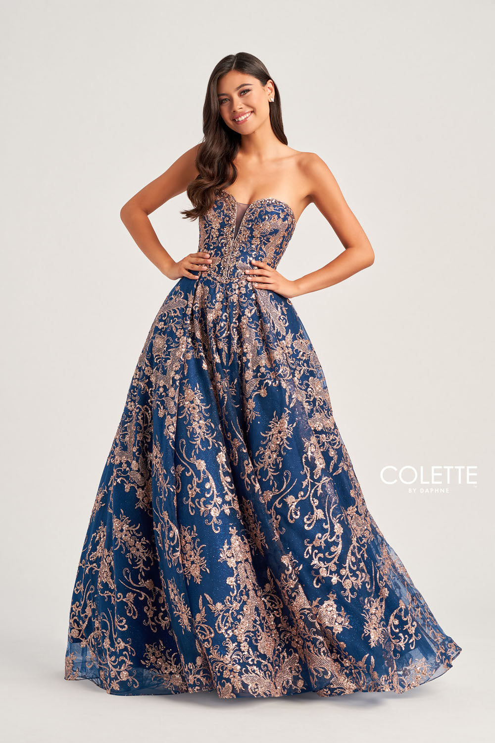 Colette CL5101 prom dress images. Colette CL5101 is available in these colors: Navy Gold, Gold Pewter, Gold White, Fuchsia Gold, Turquoise Gold.
