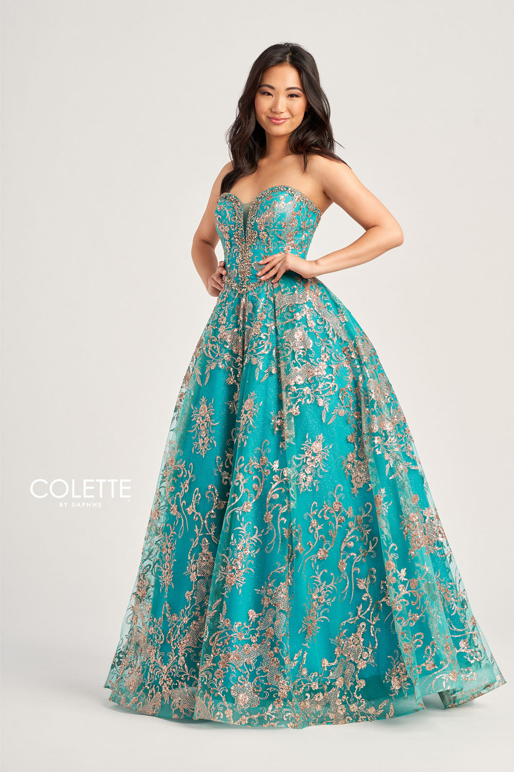 Colette CL5101 prom dress images. Colette CL5101 is available in these colors: Navy Gold, Gold Pewter, Gold White, Fuchsia Gold, Turquoise Gold.