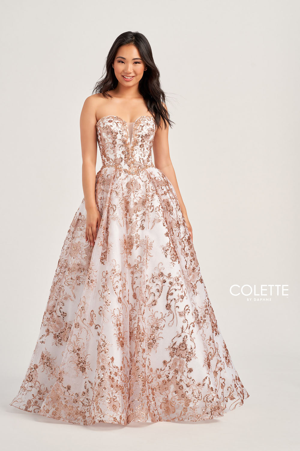 Colette CL5101 prom dress images. Colette CL5101 is available in these colors: Navy Gold, Gold Pewter, Gold White, Fuchsia Gold, Turquoise Gold.