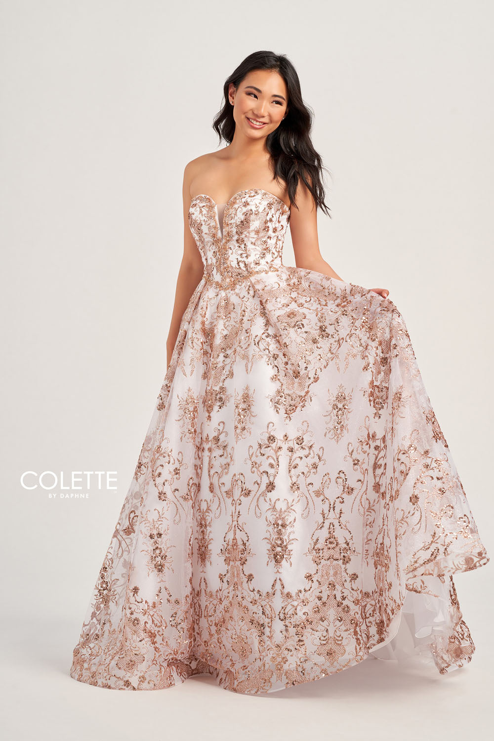 Colette CL5101 prom dress images. Colette CL5101 is available in these colors: Navy Gold, Gold Pewter, Gold White, Fuchsia Gold, Turquoise Gold.