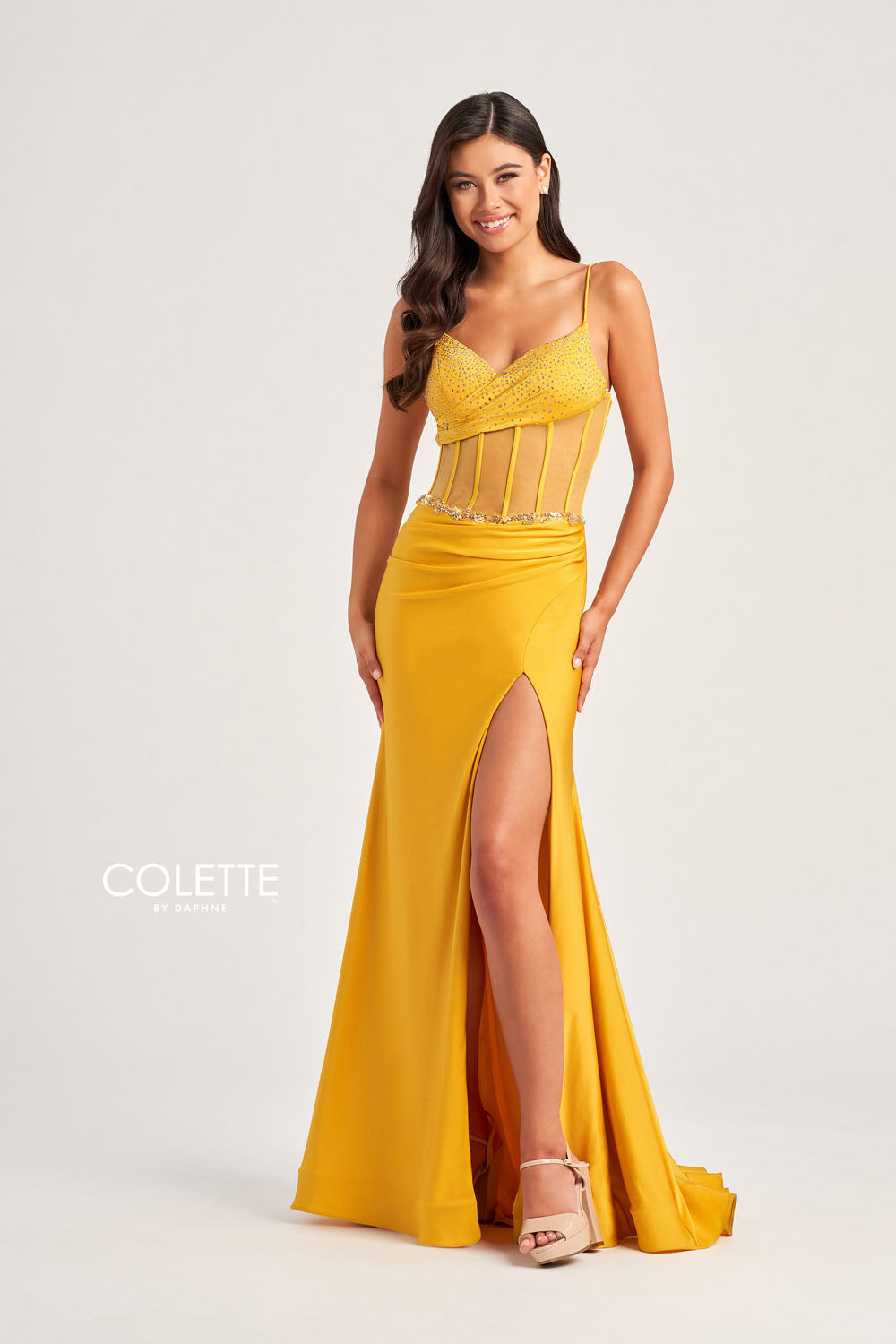 Colette CL5104 prom dress images. Colette CL5104 is available in these colors: Gold, Jade, Sienna.