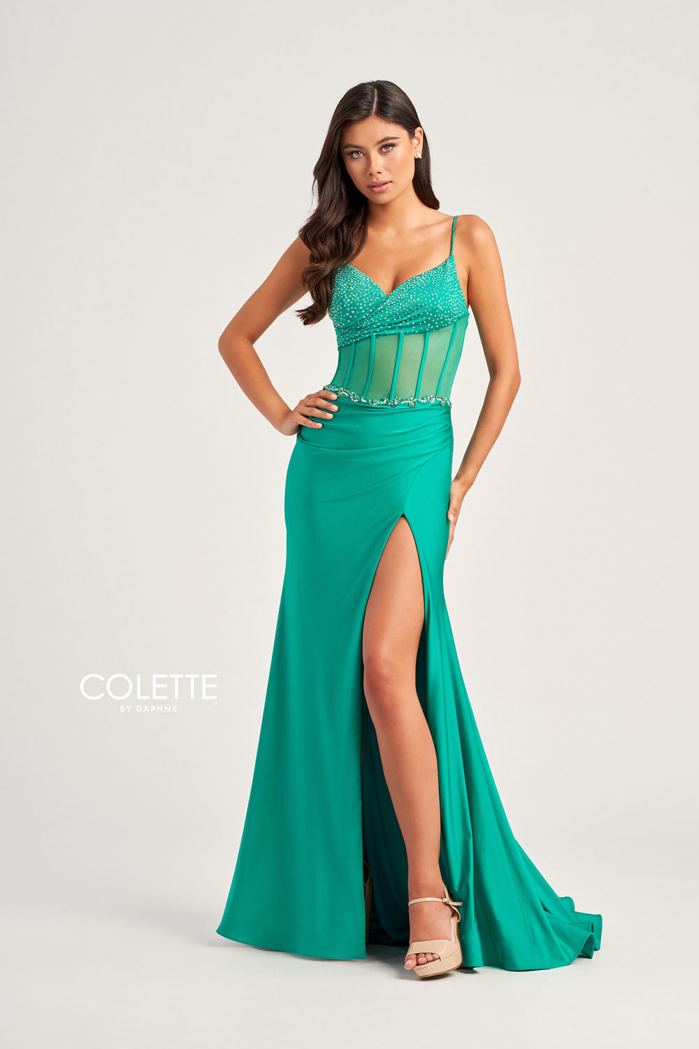 Colette CL5104 prom dress images. Colette CL5104 is available in these colors: Gold, Jade, Sienna.