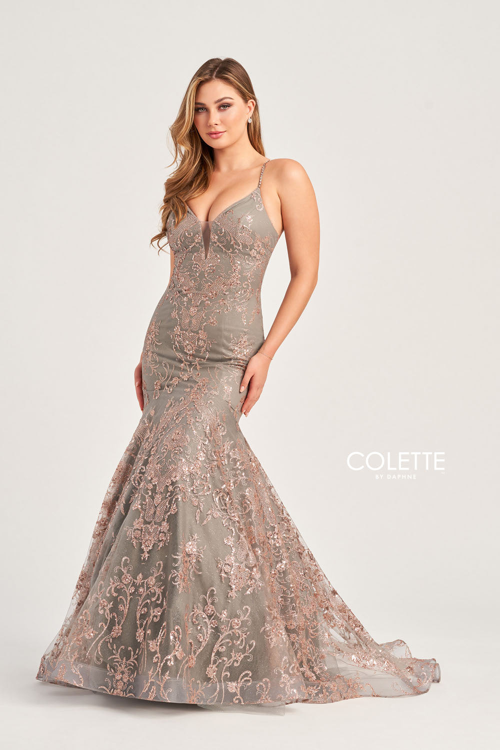 Colette CL5105 prom dress images. Colette CL5105 is available in these colors: Navy Blue Gold, Red, Gold Pewter.