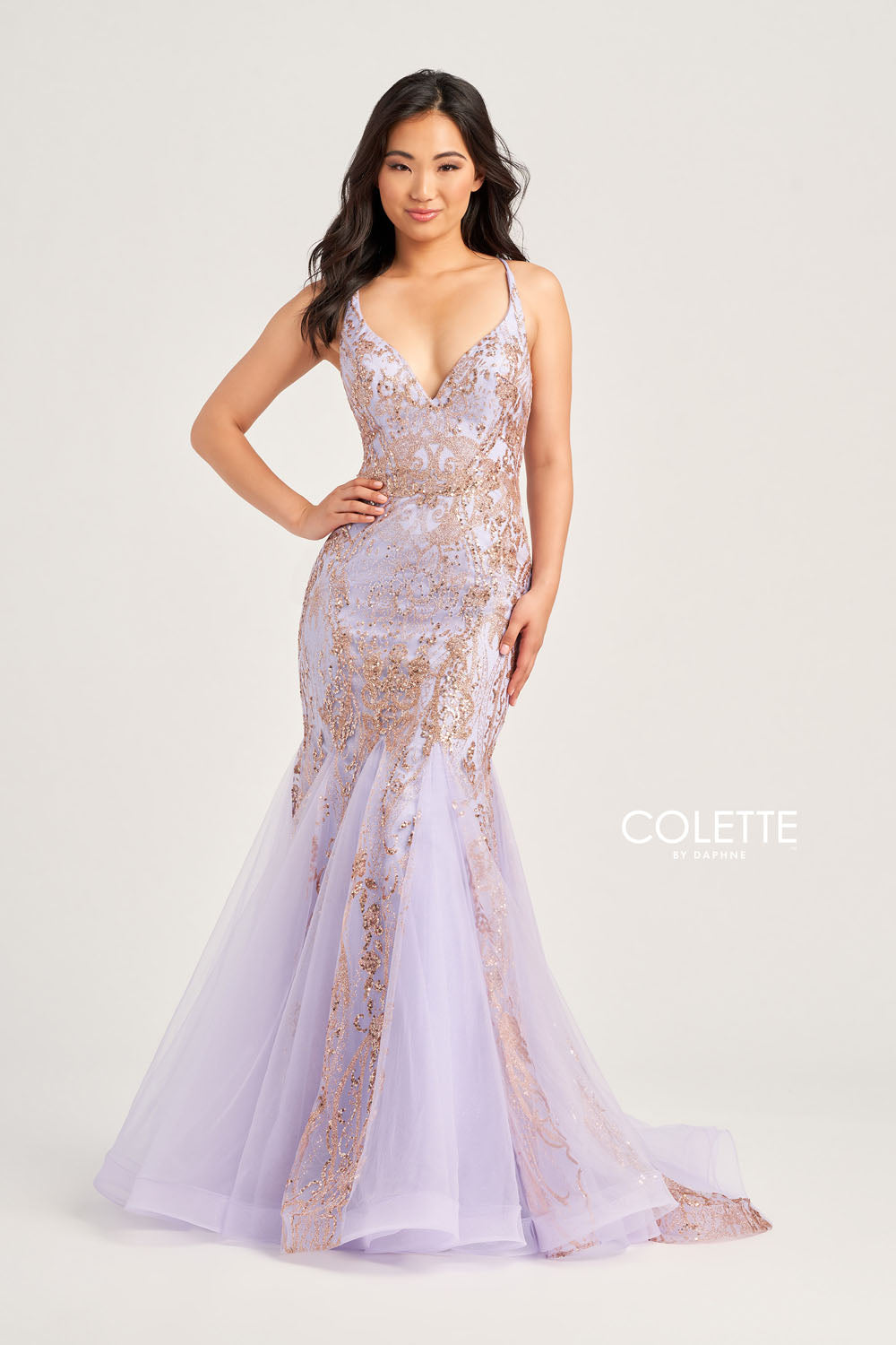 Colette CL5109 prom dress images. Colette CL5109 is available in these colors: Fuchsia, Royal Blue, Lilac Gold, Purple.