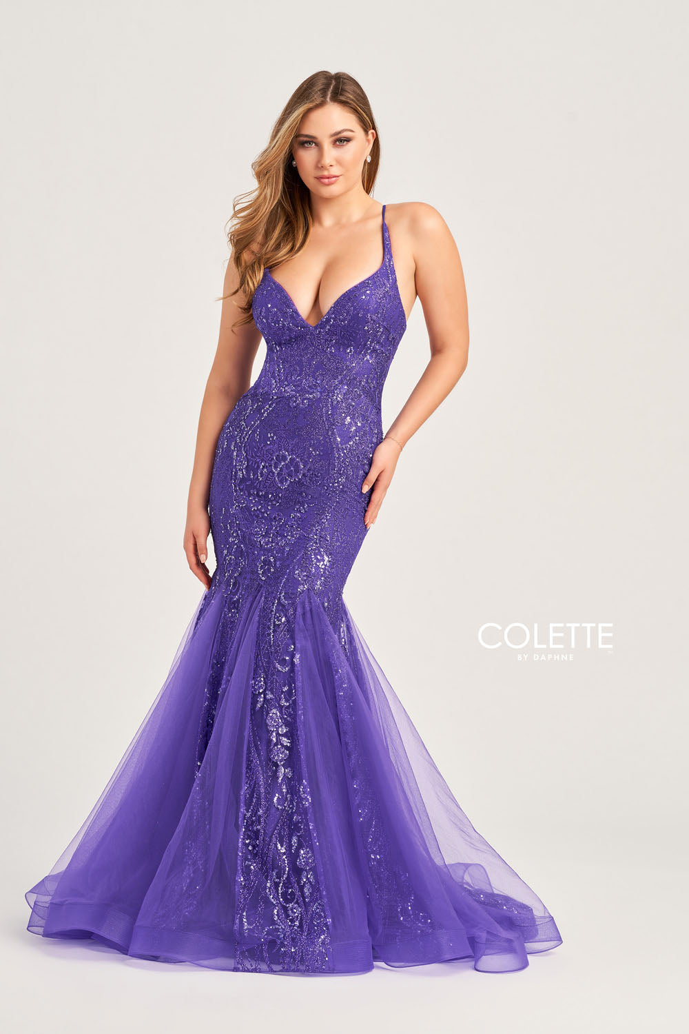 Colette CL5109 prom dress images. Colette CL5109 is available in these colors: Fuchsia, Royal Blue, Lilac Gold, Purple.