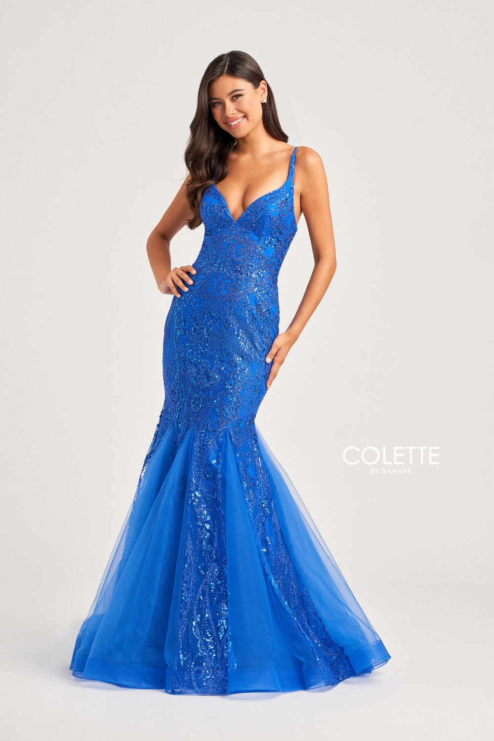 Colette CL5109 prom dress images. Colette CL5109 is available in these colors: Fuchsia, Royal Blue, Lilac Gold, Purple.