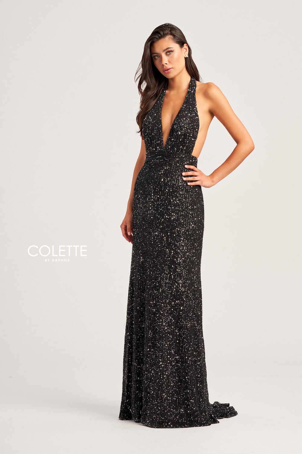 Colette CL5115 prom dress images. Colette CL5115 is available in these colors: Olive, Emerald Gold, Black Silver, Wine Gold, Champagne.