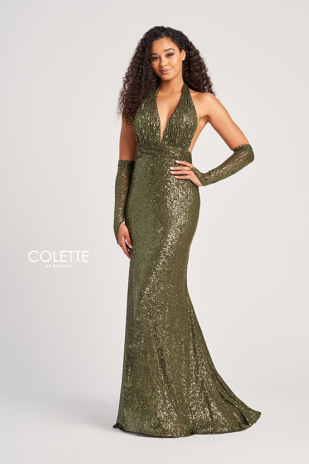 Colette CL5115 prom dress images. Colette CL5115 is available in these colors: Olive, Emerald Gold, Black Silver, Wine Gold, Champagne.