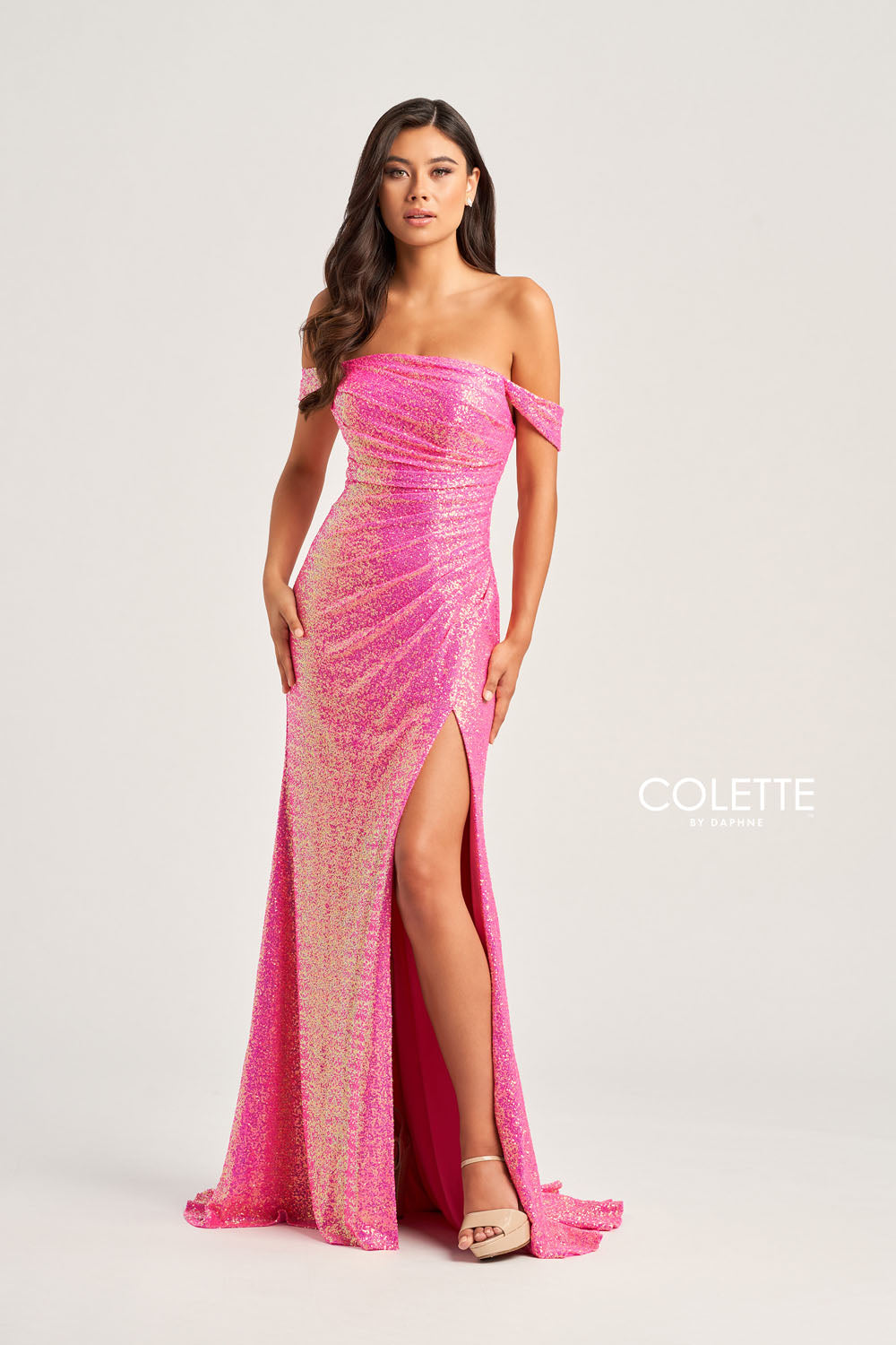 Colette CL5129 prom dress images. Colette CL5129 is available in these colors: Emerald, Hot Pink, Violet.