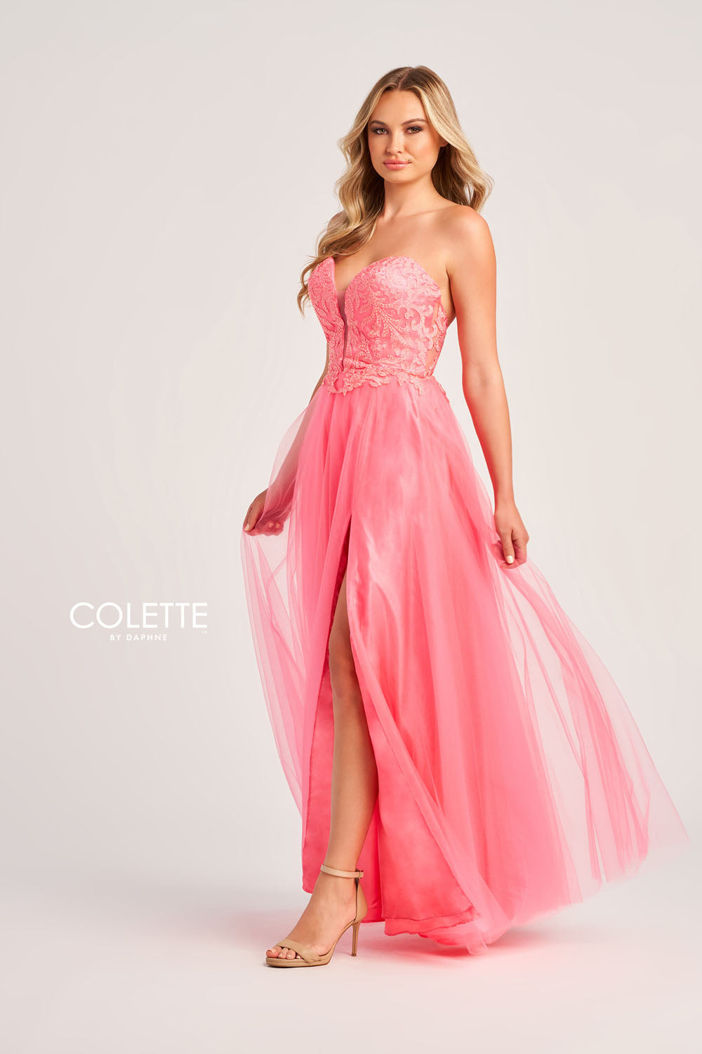 Colette CL5132 prom dress images. Colette CL5132 is available in these colors: Pink Coral, Dark Periwinkle, Spearmint.