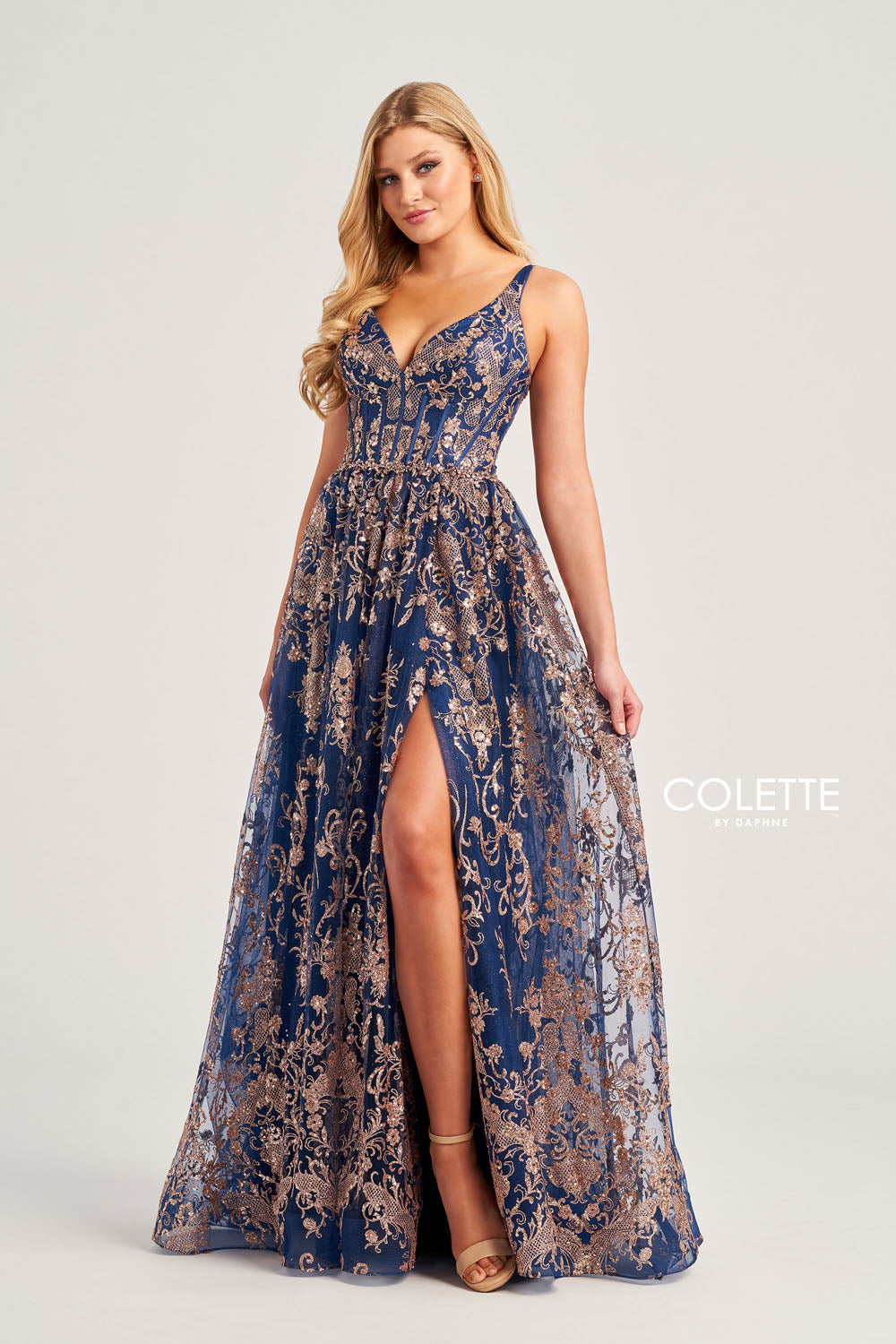 Colette CL5134 prom dress images. Colette CL5134 is available in these colors: Navy Blue Gold, Gold Pewter, Sage.