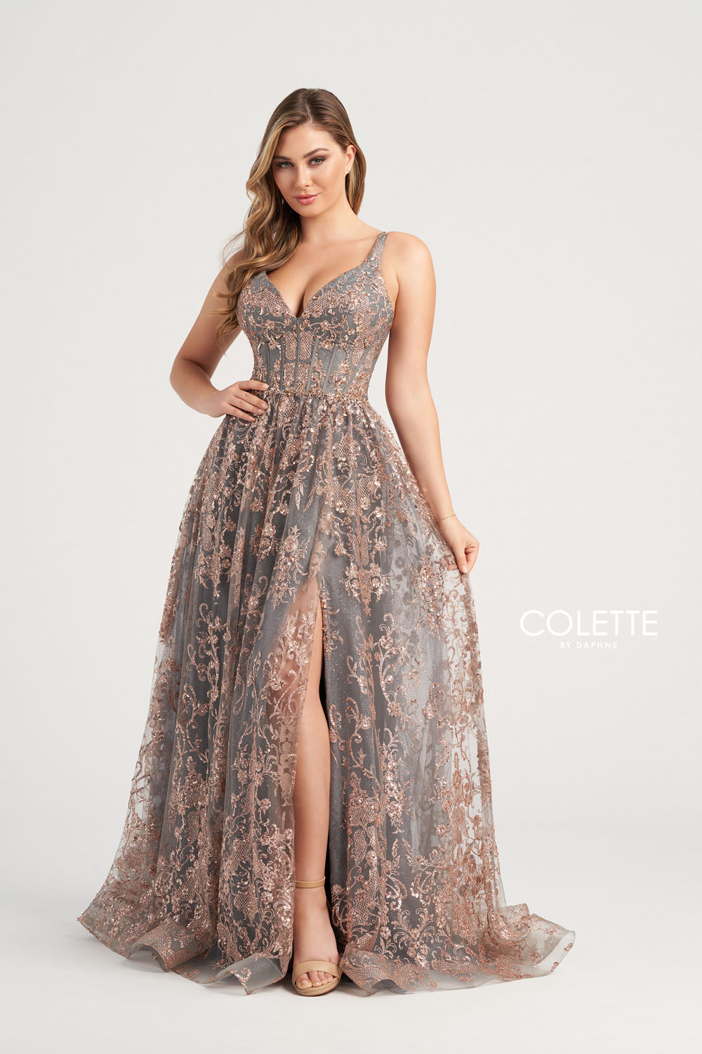 Colette CL5134 prom dress images. Colette CL5134 is available in these colors: Navy Blue Gold, Gold Pewter, Sage.