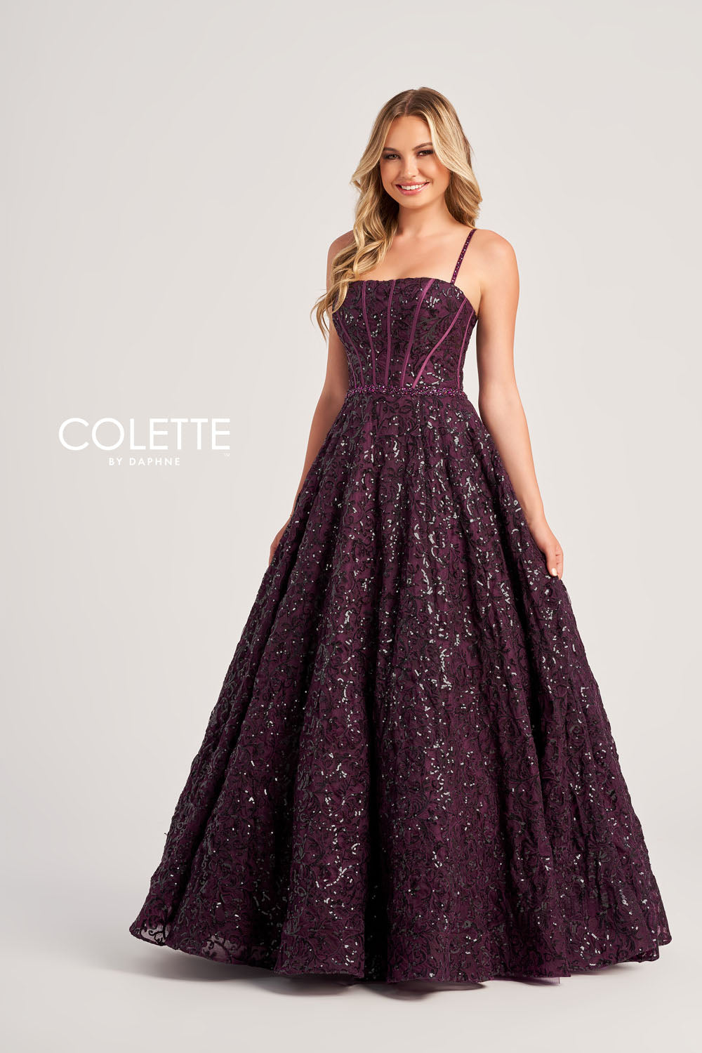 Colette CL5141 prom dress images. Colette CL5141 is available in these colors: Plum, Spruce.
